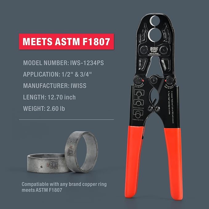 iCrimp 1/2 and 3/4-inch Combo Pex Pipe Crimping Tool for Copper Ring with Gauge meets ASTM 1807 Standard-manufactured by IWISS
