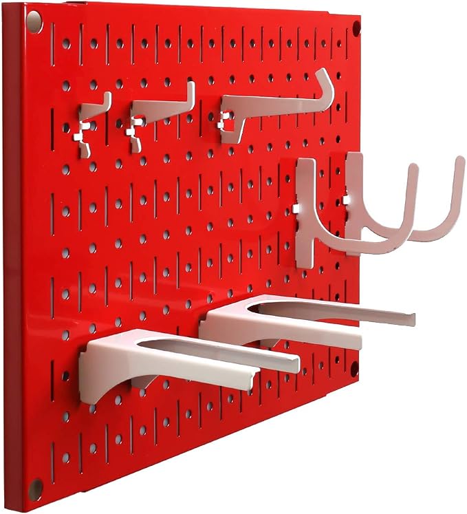 Wall Control Pegboard Wall Organizer Tiles Modular Red Metal Pegboard Tiling Set - Four 12-Inch Tall x 16-Inch Wide Peg Board Panel Wall Storage Tiles - Easy to Install (Red)