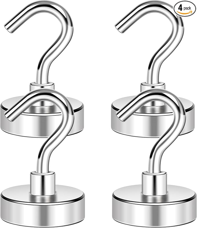 LOVIMAG Magnetic Hooks Heavy Duty, 50LBS, 4 Pack | Magnet with Hook for Cruise Cabins, Classroom, Kitchen Essentials, Door Decoration, Refrigerator, Silver