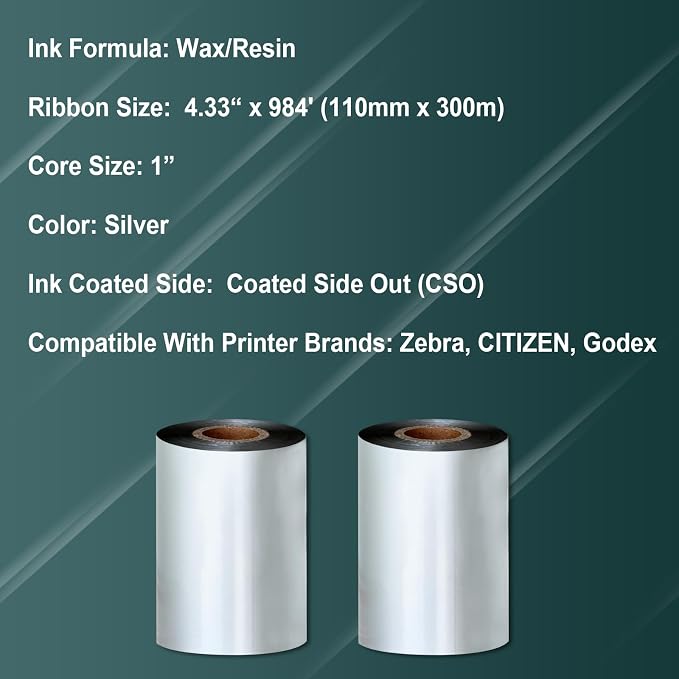 2 Rolls 4.33" x 984'(110mm x 300m) Silver, Wax/Resin Thermal Transfer Ribbon, Core 1", Ink Outside, Barcode Ribbon Compatible with Zebra Printer