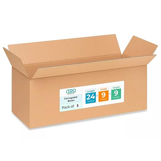 Long Moving & Shipping Boxes 24 x 9 x 9 inches (5-Pack) - Extra Strength 200 lb vs Regular - USA-Made Corrugated Packing Boxes for Delivery - Cardboard Box - Corrugated Shipping Box by IDL Packaging