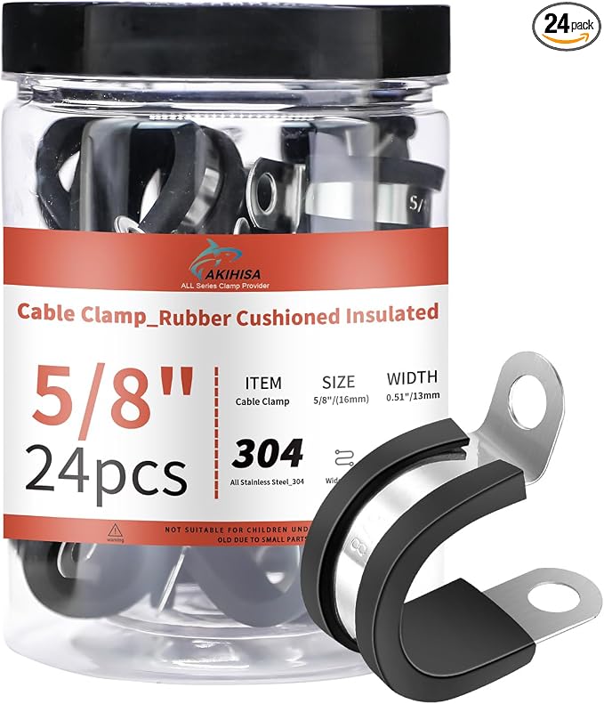 AKIHISA 24Pcs 5/8 Inch Cable Clamps, 304 Stainless Steel Conduit Clamps, for Cable, Pipe, Hose, Fuel Line, Metal Wire Cord Installation