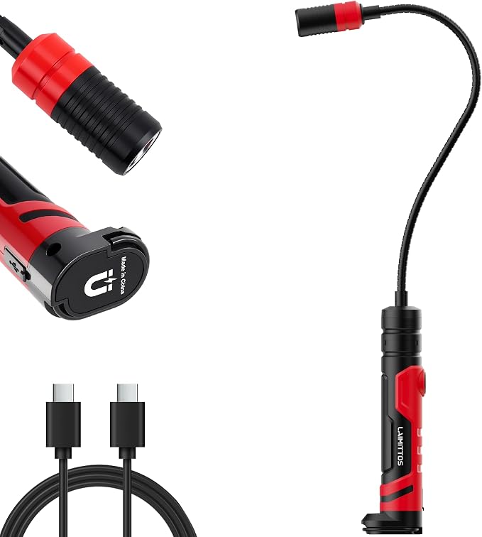 Magnetic Flashlight with Flexible Gooseneck, Rechargeable Work Light LED Flashlight and Magnetic Pickup Tool, Mechanic Light for Work Bench, Auto-Repairing, Inspection, Emergency