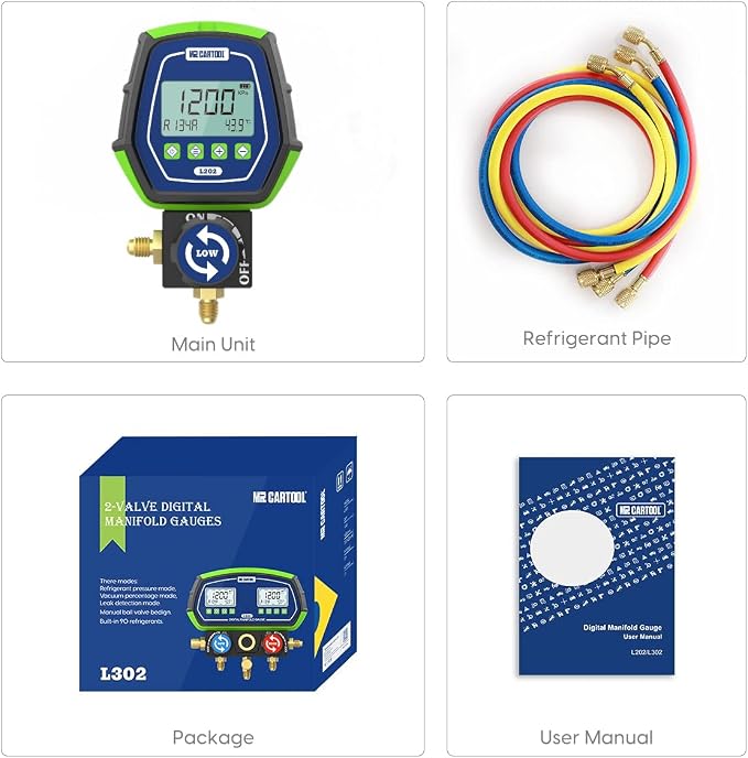HVAC Digital Manifold Gauge Set, R134a Refrigerant Recharge Kit AC Manifold Gauge Set with 3 Hoses (Tolerance Range: -/+0.5%)