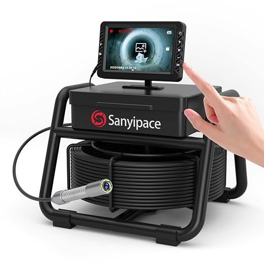Sanyipace Sewer Camera 100FT/30M, 5" IPS HD Inspection Camera with 32GB TF Card, DVR with Speaker, 8 LED Lights, Waterproof Pipe Camera for Drain Pipe Plumbing Sewer Line Inspection