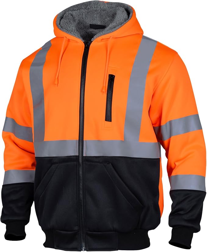 VENDACE Men's ANSI Class 3 High Vis Safety Reflective Sweatshirt Wool Fleece Zipper Jacket Hoodie with Black Bottom(Orange,XL)
