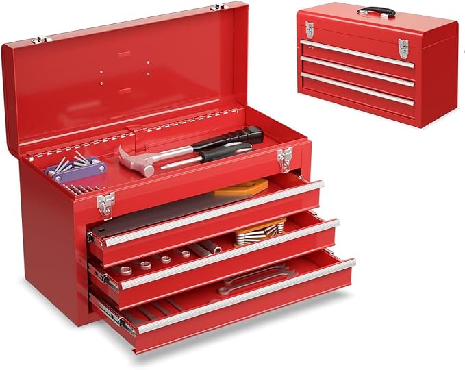 Goplus Tool Box, Portable 20” Tool Boxes with 3 Drawers, Top Tool Tray, Metal Lock Latch, Protective Liner, Auto Locking, Heavy Duty Steel Toolbox for Garage, Workshop, Mechanic