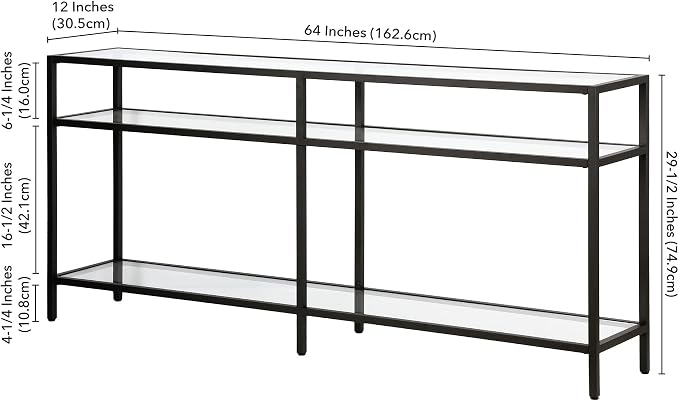Henn&Hart 64" Wide Rectangular Console Table in Blackened Bronze, Entryway Table, Accent Table for Living Room, Hallway | Glass shelves with extra long design provide open display and storage for living rooms, entryways, hallways, and offices