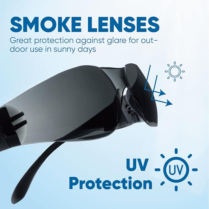 amoolo Tinted Safety Glasses Bulk of 24, Protective Safety Sunglasses, Dark Smoke Lenses for UV Protection, ANSI Z87.1 Impact Resistant Eye Protection for Work, Lab, Construction