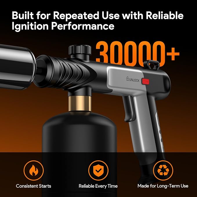 Propane Torch Gun, 30,000 Stable Ignition Kitchen Blow Torch with One-Touch Max Fire, Safety Lock & Adjustable Flame, Propane Torch Head for Searing Steak, Grill, BBQ, Charcoal Starter, Campfire