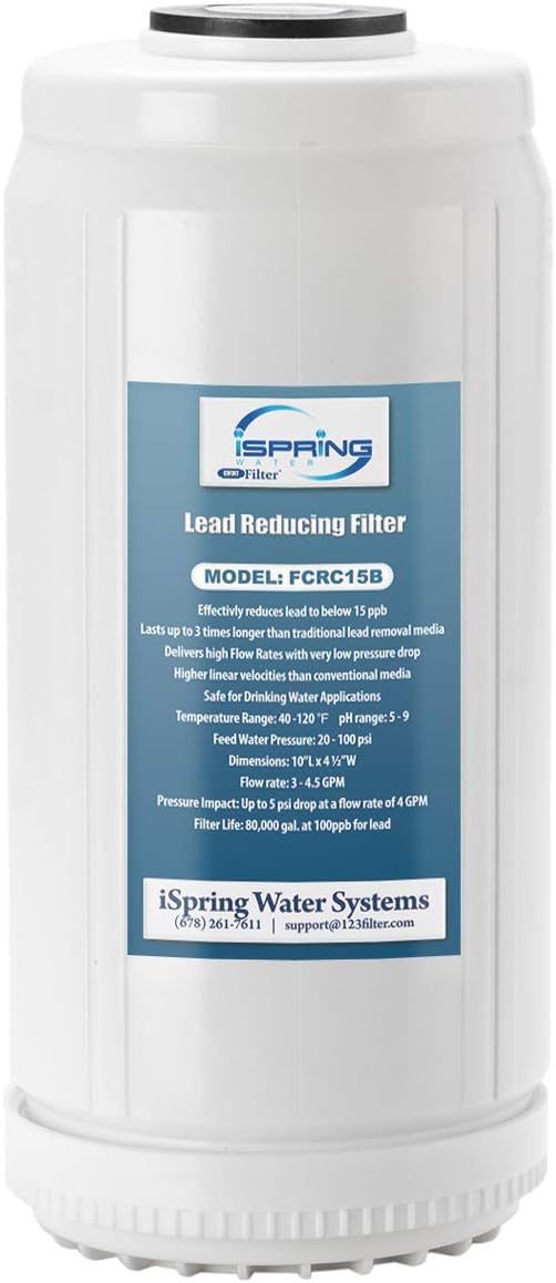 iSpring FCRC15B Lead Reducing Replacement Water Filter, Ultra High Capacity, 10"x4.5", Fits Whole House Water Filtration System WGB21B-PB