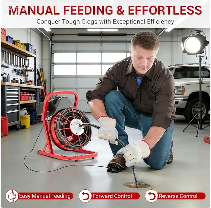 Garvee 75FT x 1/2 Inch Drain Cleaner Machine, 400W Portable Drain Cleaning Machine Snake with 6 Cutters & Foot Switch for 1" to 4" Pipes, Heavy Duty Sewer Auger for Sinks, Toilets, Showers