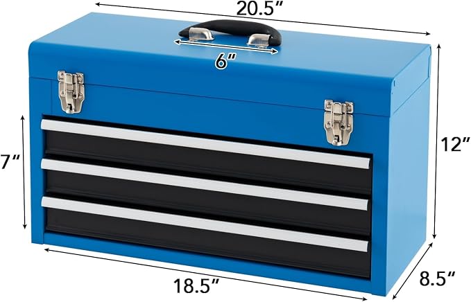 ERGOMASTER Portable Tool Box, Metal Tool Box with 3 Drawers, Lockable Heavy Duty Tool Chest Storage Toolbox for Garage, Workshop (Blue)