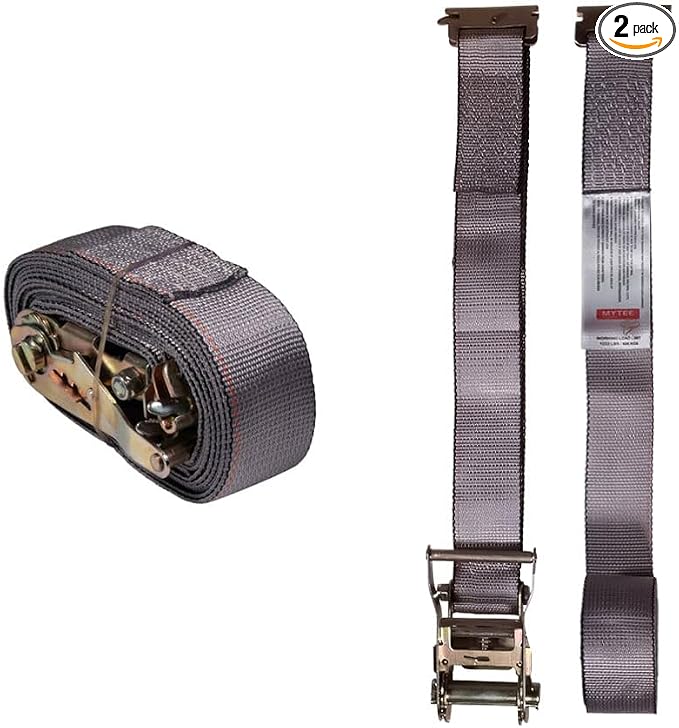 Mytee Products (2 Pack 2'' x 16' E Track Straps w/Spring E-Fittings - Grey Ratchet Etrack Straps w/Heavy Duty 4000 lbs Breaking Strength for Enclosed Trailers, Trucks & Vans