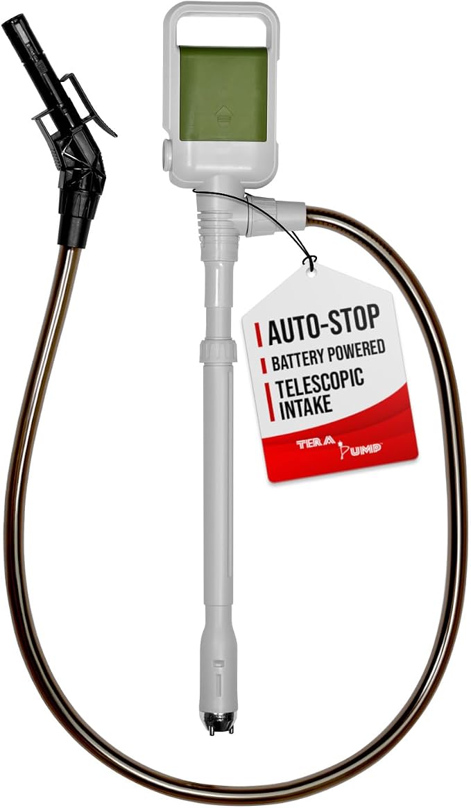 TERA PUMP 2nd Gen. TRCDA Portable Fuel Transfer Pump with Auto-Stop (2.5 Gal/Min) Adjustable Suction Tube, Patented Control Handle, Redesigned Nozzle for Gas/Diesel/Kerosene / E15 to E85