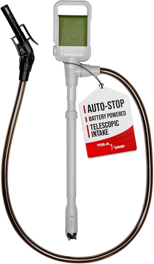 TERA PUMP 2nd Gen. TRCDA Portable Fuel Transfer Pump with Auto-Stop (2.5 Gal/Min) Adjustable Suction Tube, Patented Control Handle, Redesigned Nozzle for Gas/Diesel/Kerosene / E15 to E85