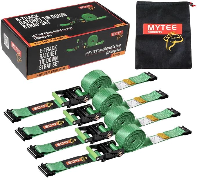 Mytee Products 4 Pack 2" x 16' Green E-Track Ratchet Tie Down Straps, 1,500 lbs WLL, 4,500 lbs BS, Spring-Loaded Double Stud E-Fittings for Enclosed Trailers & Trucks, Padded Handles & Storage Bag