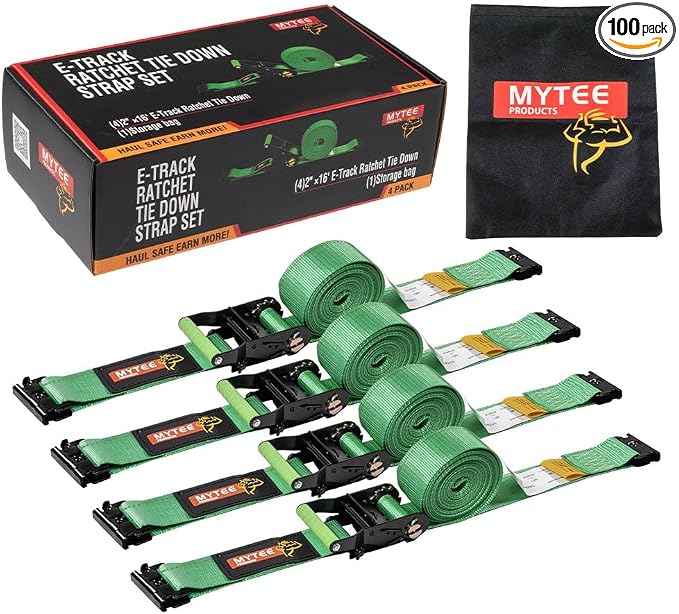 Mytee Products 100 Pack 2" x 16' Green E-Track Ratchet Tie Down Straps 1,500 lbs WLL 4,500 lbs BS, Spring-Loaded Double Stud E-Fittings for Enclosed Trailers & Trucks, Padded Handles & Storage Bag
