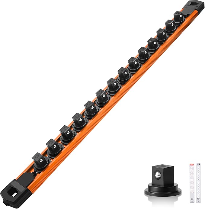 Reniteco Magnetic Socket Organizer, 1/4" Drive Aluminum Alloy Socket Rail, Heavy Duty Magnetic Socket Holder with 14PC 360° Swivel Removable Clips, Magnetic Socket Rack for Tool Box Drawer, Orange