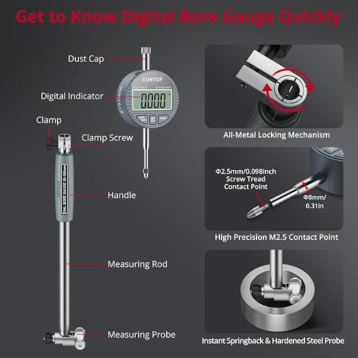 XUNTOP Digital Bore Gauge Set, 2-6"/0.0005" Digital Indicator Self-Centering Dial Bore Gauge with Carbide Anvils Deep Engine Cylinder Measurement Tool for Machining,CNC,Automotive
