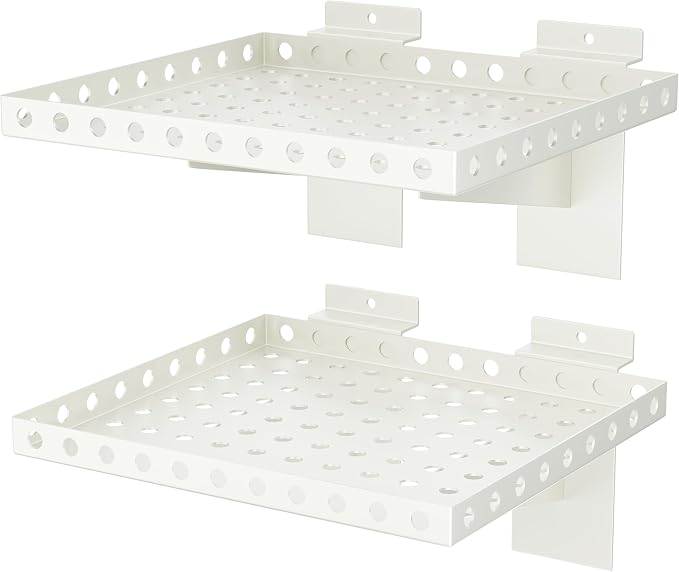2 Pack Slatwall Shelves, Heavy Duty White Metal Slat Wall Shelf for Retail, Garage, Home Storage, 20 lbs Load Capacity, Universal Slatwall Accessories(10 x 12 Inch-2, White)