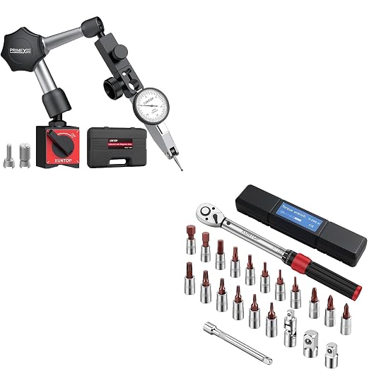 XUNTOP Setup & Assembly Workshop Kit: 0.03" Dial Test Indicator & 22Pcs Torque Wrench Set, with 90lbs Magnetic Base, 1/4" Drive, 5-25 Nm Range for CNC, Lathe, 3D Printer, Bike, Auto