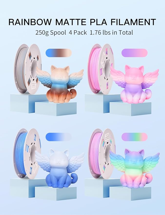 PINBALL Matte Rainbow PLA 3D Printer Filament 1.75mm, Matte Surface Multicolor PLA Filament 1.75mm, 250g Spool, 4 Rolls, Blue-Brown+Blue-White+Red-Purple+Matte Rainbow Color