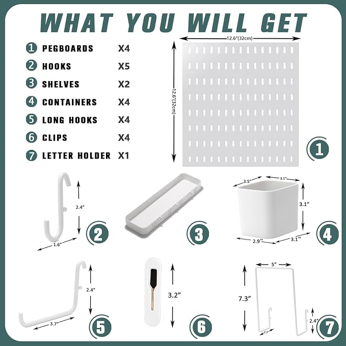MULSAME Pegboard Combination Kit, 25.2" x 25.2" Wall Mounted Storage Set with 4 Pegboards & 20 Accessories Hanging, Peg Boards Organizer