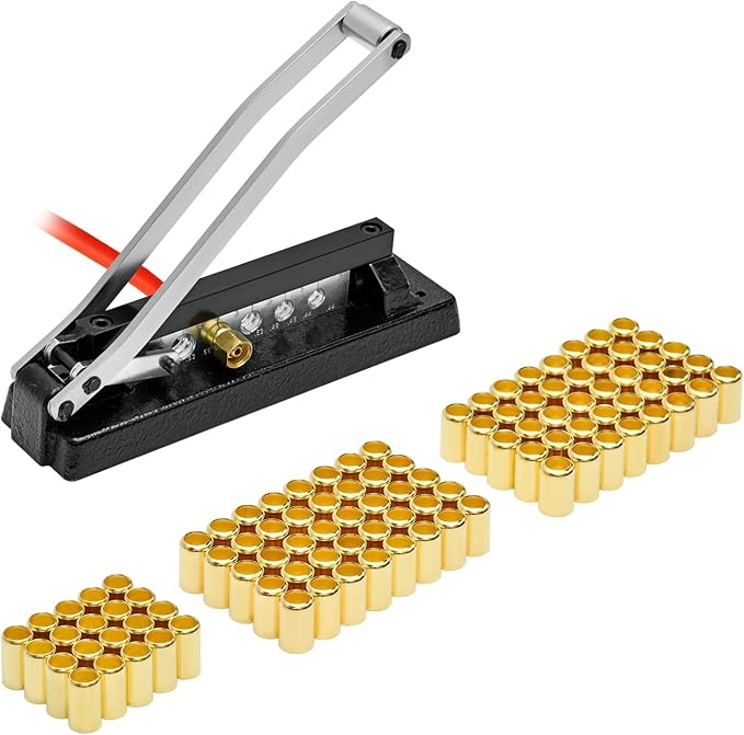 CAMPFIRE Heavy Duty Bench Hose Crimper Kit with 50pk Ferrules 0.593" ID & 0.625" ID and 20pk Ferrules 0.525" ID, Crimping Tool for 1/4, 5/16, 3/8 Inch PVC Rubber Hoses, Air Hose,Torch Hose Repair Kit