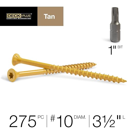 Deck Plus 3-1/2 Inch Epoxy Coated Exterior Wood and Fence Screws #10 x 3-1/2" Torx/Star Drive Included Coarse Thread, Outdoor Rust Resistant Decking Screw, Tan, 5lb Box, 275 Pieces | 48422