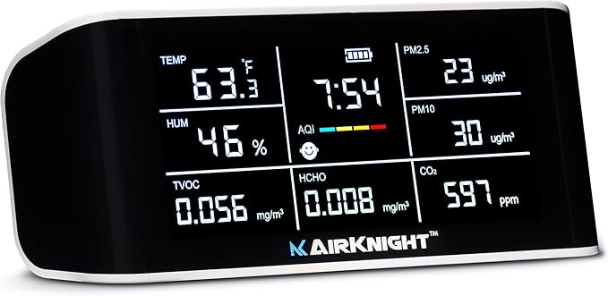 AirKnight Premium Indoor Air Quality Monitor Indoor & Air Quality Sensor. VOC Detector, CO2 Monitor, Formaldehyde Detector HCHO, AQI, PM2.5, PM10 Temperature Humidity Air AQI CO2 Meter (White)