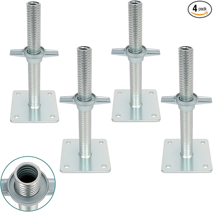 12" Adjustable Scaffolding Leaveling Jack, Galvanized Steel Hollow Screw Jack with Base Plate, 4 Pack
