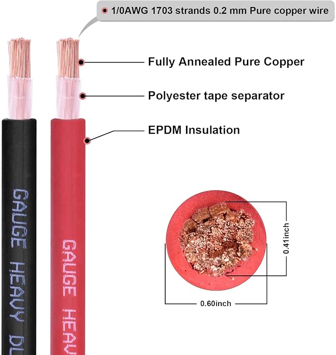 1/0 Gauge Battery Cable,25FT Black 1/0 AWG Pure Copper Wire Welding Cable, for Automotive, Battery, Solar and Generator, Standard USA OFC Wire