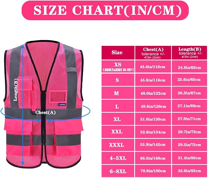 A-SAFETY Hi-Vis Reflective Mesh Vest with Clear ID Pocket, Zipper, Pink, L | Pink L mesh safety vest with 7 pockets, front zipper and reflective strips for community activities; for men and women.