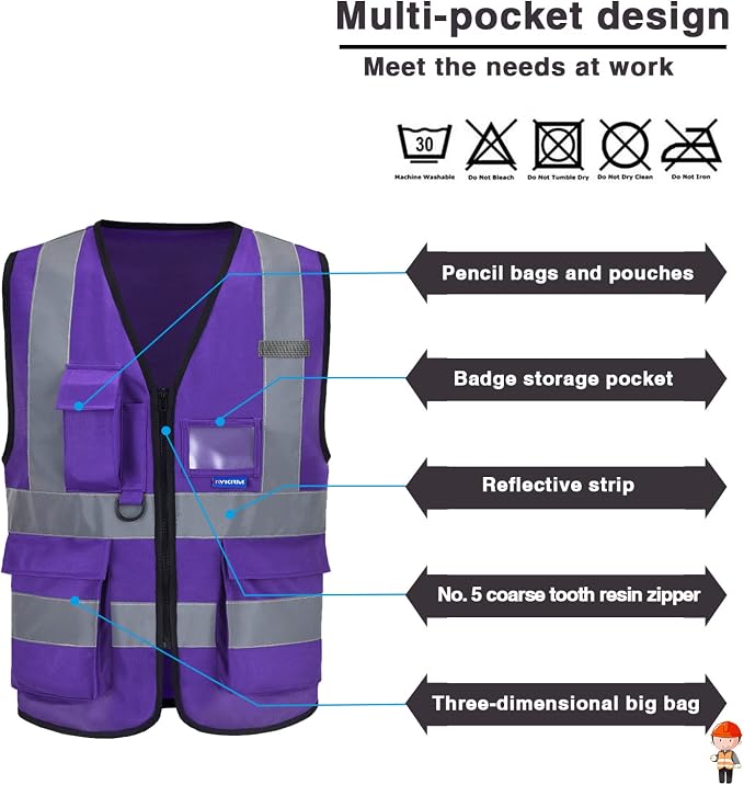 A-SAFETY Reflective Safety Vest, Radio Loop, Front Zipper, Purple, 6XL-8XL | Purple 6XL-8XL work vest with 7 pockets, front zipper and reflective strips for material handling and laboratory safety.