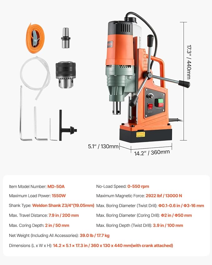 VEVOR 1550W Mag Drill Press, 2" Core Drilling Machine, 2922 lbf 0-550 RPM Variable Speed Portable Magnetic Drill, Heavy Duty Metal Hole Cutter for I-Beam Steel Fabrication, Workshop & DIY Work | Drilling Machine for I-Beam Steel Fabrication, Workshop &...