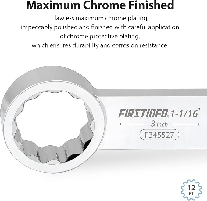 FIRSTINFO 1/2-inch Drive 1-1/16" 12-Point Box End Torque Adapter | 3 in center-to-center length • Fits 4, 6 & 12-point fasteners • CR-V steel • Thin-wall access • Made in Taiwan