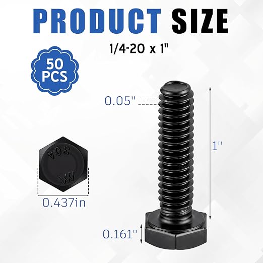 Zonon 50 Pcs 1/4-20 x 1 Hex Head Screw Bolt 18-8 (304) Stainless Steel Hexagon Bolts, Fully Threaded, Plain Finish, External Hex Drive (Black)
