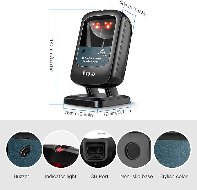 Eyoyo 2D Hands-Free Barcode Scanner, Omnidirectional USB Wired Desktop Barcode Reader 1D 2D PDF417 Data Matrix Bar Code Reader with Automatically Scanning for Retail Store Supermarket Mall Business