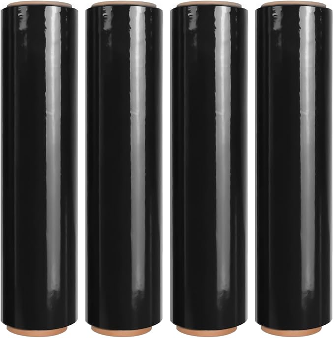 18" Black Stretch Wrap Roll, Heavy Duty 18 Inch 1500ft Shrink Wrap, 4 Pack | Industrial Strength, 80 Gauge Stretch Film, Self-Adhesive Cling, Plastic Wrap for Pallet Wrapping Shipping Moving Furniture