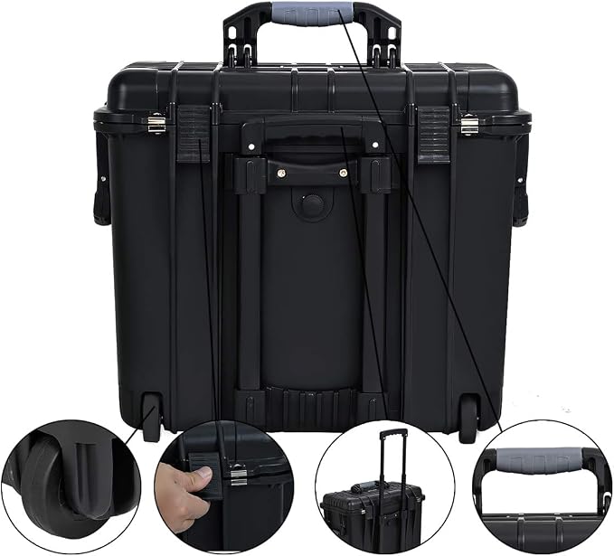 MEIJIA Waterproof Portable Equipment Hard Case With Retractable Pull Handle And Rolling Wheels,Customized Fit Foam Inserted, Elegant Black, Fit For Drones,Rifle,Camera,Lens,19.88X12.01 X18.11 inches
