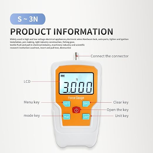 Digital Force Gauge Push and Pull Meter Dynamometer Tension Pressure Tester Thrust Meter Compression Load Plug Force Destructive Tests 3N/0.3kg/0.65lb