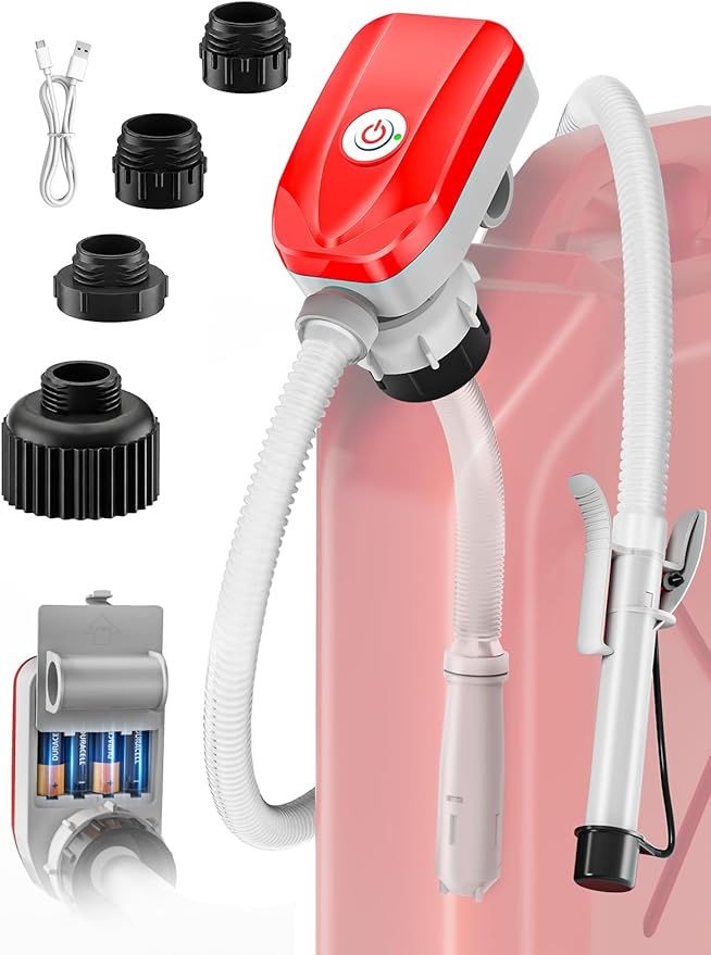 Automatic Electric Fuel Transfer Pump with Auto-Stop, 3.6 GPM, 54" Long Hose Gas Pump Battery Powered w 4 Size Can Adapters and Leak Protection for Gasoline, Diesel, Kerosene, Gifts for Men Dad
