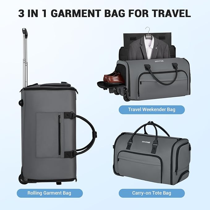 DEVPNR Rolling Garment Bags for Travel, 59L Rolling Duffle Bag with Wheels and Shoe Compartment for Men and Women, 3 in 1 Carry on Convertible Travel Garment Bag with Wheels, Gray