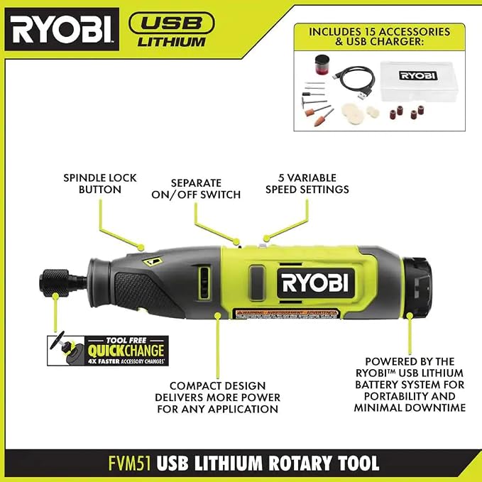RYOBI USB Lithium Rotary Tool KIT with 2.0 AH USB Lithium Battery and Charging Cable FVM51K