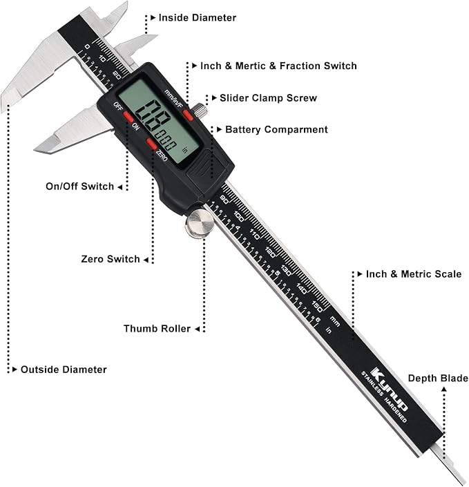 Kynup 0-12Inch Digital Caliper, Caliper Measuring Tool with Stainless Steel, IP54 Waterproof Protection Design, Easy Switch from Inch Metric Fraction, Large LCD Screen (6 Inch /12inch/8inch)