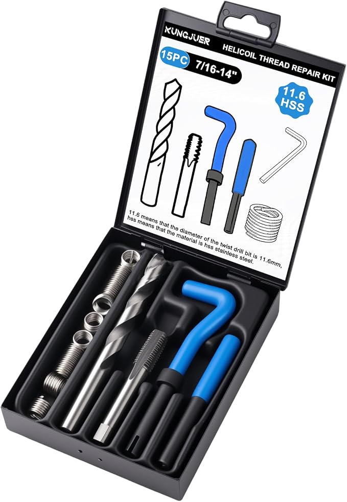 15PC SAE Helicoil Thread Repair Insert Kit, 7/16-14 inch Rethread | helicoil Thread Repair kit with HSS Drill Bits, Rethreading Inserts Tool Set for Damaged Thread Repairing with Carry Case