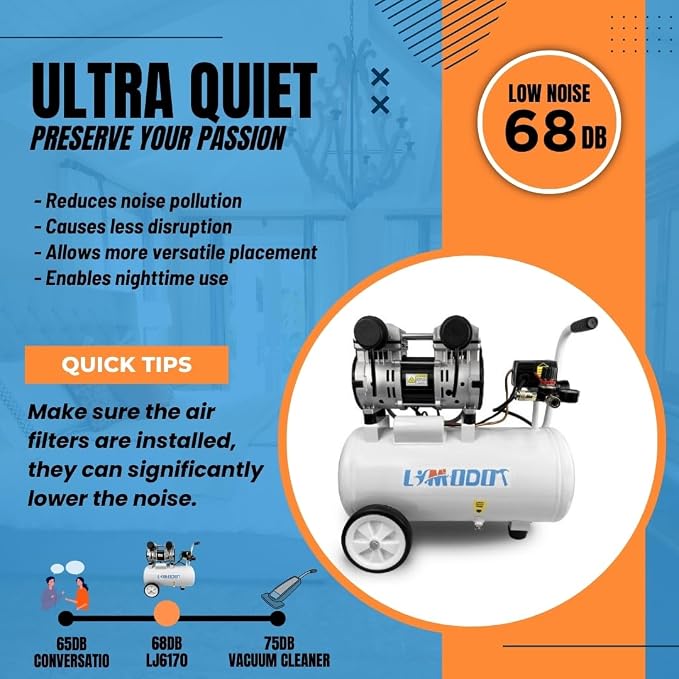 Portable Quiet Air Compressor, 8-Gallon Aluminum Tank, 68 dB | Rustproof, Lightweight at 37.5 lb with Dual Air Intakes for Efficient DIY, Home Workshop and Garage Applications
