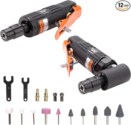 WORKPAD 12PCS Air Die Grinder Set, Straight/Angled Air Die Grinder Kit with 1/4 and 1/8 inch Collets, 10-Pieces Die Grinder Stone Set, Pneumatic Tools