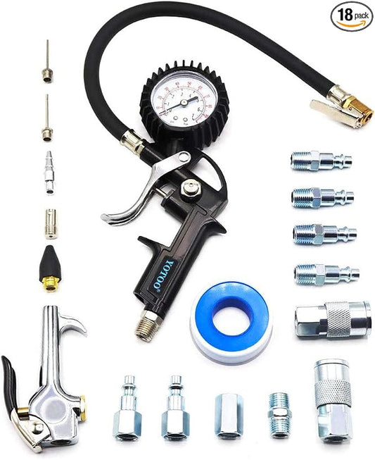 YOTOO Heavy Duty Air Compressor Accessory Kit 18-Piece, 1/4" NPT Air Tool Kit with 100 PSI Tire Inflator Gauge, Heavy Duty Air Blow Gun and Air Hose Fittings